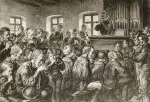 In einer Freiberger Betstube, betende Bergleute vor der Schicht