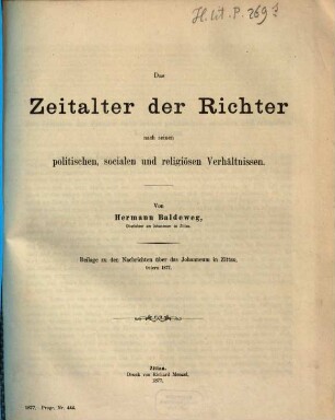 Das Zeitalter der Richter nach seinen politischen, socialen und religiösen Verhältnissen
