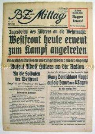 Berliner Tageszeitung "BZ am Mittag" zu den Kämpfen in Frankreich und Belgien