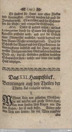 Das XXI. Hauptstück. Bereitungen auß den Theilen der Thiere. Sal volatile urinae.
