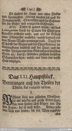 Das XXI. Hauptstück. Bereitungen auß den Theilen der Thiere. Sal volatile urinae.