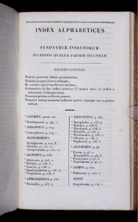 Index Alphabeticus in Synonymiae Insectorum Sections Quartae Partem Secundam.