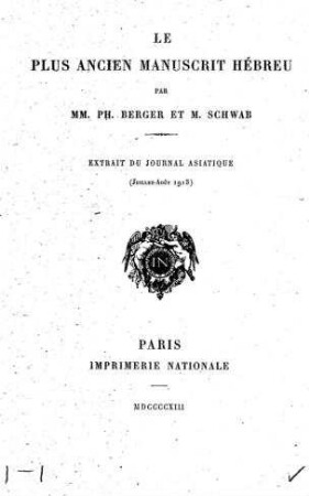 Le plus ancien manuscrit Hébreu / par Ph. Berger et M. Schwab