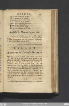 Billet A Madame la Duchesse Mazarin.