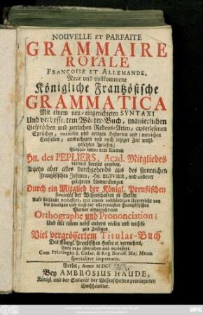 Nouvelle Et Parfaite Grammaire Royale Françoise Et Allemande