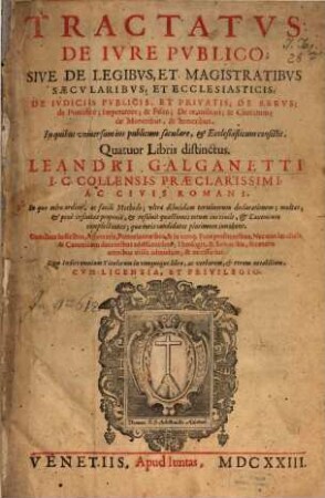 Tractatus de iure publico, sive de legibus, et magistratibus saecularibus, et ecclesiasticis