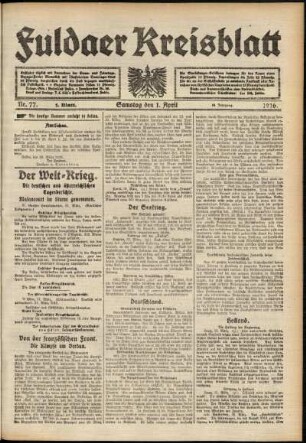 Erste Ausgabe vom Samstag, den 01. April 1916.