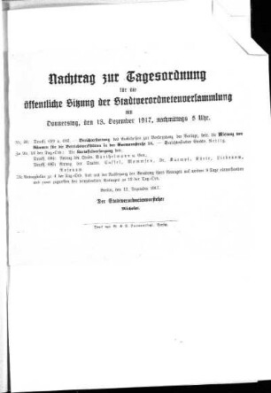Anlage: Nachtrag zur Tagesordnung für die öffentliche Sitzung, 12. Dezember 1917