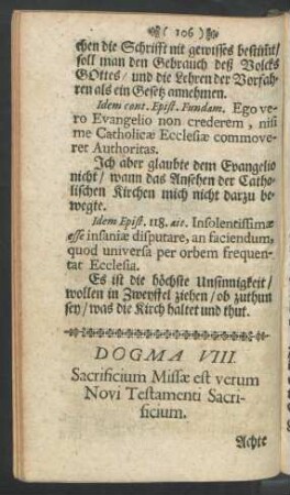 Dogma VIII. Sacrificium Missae est verum Novi Testamenti Sacrificium. Achte Lehr. Das Meß-Opffer deß Neuen Testaments.