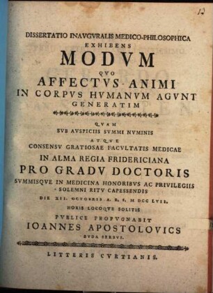Diss. inaug. ... exhibens modum quo affectus animi in corpus humanum agunt generatim