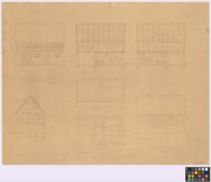 Oberlungwitz ([Amtshauptmannschaft] Glauchau): Bauernhof. Stallgebäude mit Pferdestall, Schweinestall und Wagenschuppen (zwei Seiten-Ansichten, Längsschnitt B-C, Längsschnitt D-E, Querschnitt A-B, Grundriss des Erdgeschosses, [Grundriss des Obergeschosses])
