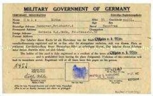 Zeitweilige Registrierungskarte der amerikanischen Militärregierung für Käthe Uhle