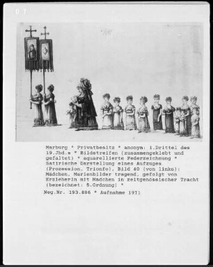 Satirische Darstellung eines Aufzuges (Prozession, Trionfo), Bild 40: Mädchen, Marienbilder tragend, gefolgt von Erzieherinnen mit Mädchen in Tracht