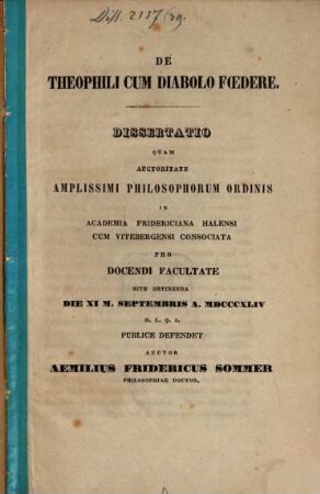 De Theophili Cum Diabolo Fœdere : Dissertatio