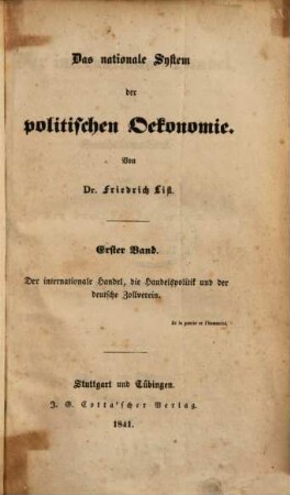 Das nationale System der politischen Oekonomie, 1.. Der internationale Handel, die Handelspolitik und der deutsche Zollverein