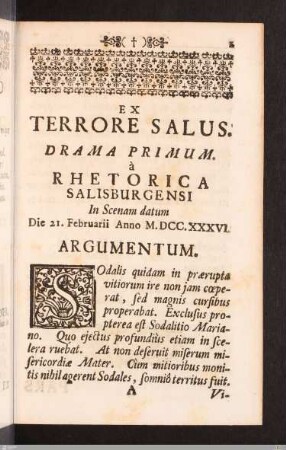 Ex terrore salus. Drama primum. Argumentum.