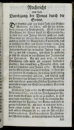 Nachricht von dem Durchgang der Venus durch die Sonne.