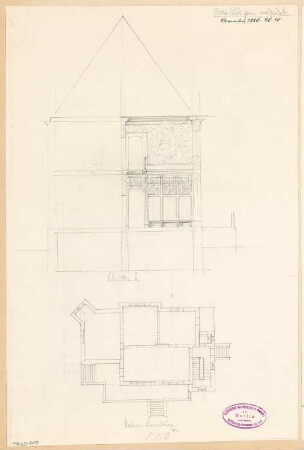 Villa Monatskonkurrenz November 1886: Grundriss Erdgeschoss 1:150, Querschnitt