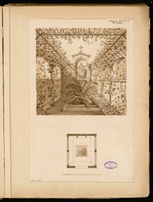 Gartenbauausstellung, Berlin. Grabmal Monatskonkurrenz Dezember 1889: Grundriss, perspektivische Ansicht; Maßstabsleiste