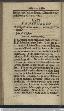 LXIV. DN. NEUMANNO. De occupationibus Poeticis. Controversiae Theologicae