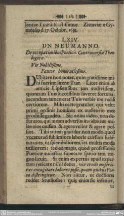 LXIV. DN. NEUMANNO. De occupationibus Poeticis. Controversiae Theologicae