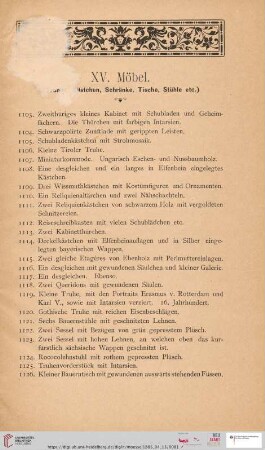 XV. Möbel (Truhen, Kästchen, Schränke, Tische, Stühle etc.) (Nr. 1103-1141)