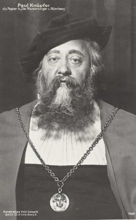 Paul Knüpfer als Pogner : Paul Knüpfer als Pogner in "Die Meistersinger von Nürnberg" von Richard Wagner. Bühnenfestspielhaus Bayreuth, 12. August 1912. Fotografie (Weltpostkarte) im Kunstverlag Emil Schwalb Berlin