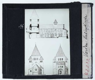 Essen-Werden, St.-Lucius : Aufrisse von O u. W, Längsschnitt