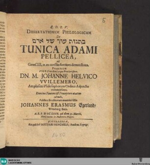 Dissertationem Philologicam De kātnôt 'ôr šel ādām Tunica Adami Pellicea : Ad Genes. III,21 ex consilio fontium demonstrata