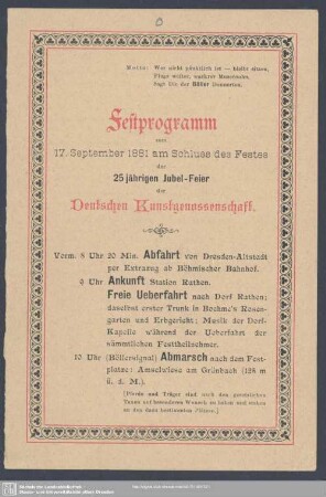 Festprogramm zum 17. September 1881 am Schluss des Festes der 25jährigen Jubel-Feier der Deutschen Kunstgenossenschaft