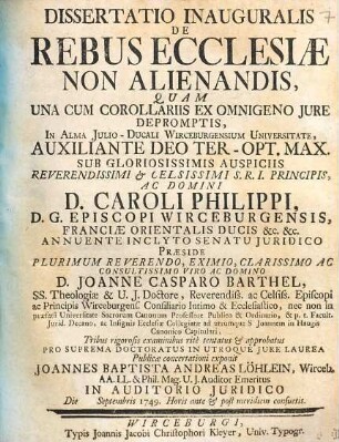 Dissertatio Inauguralis De Rebus Ecclesiae Non Alienandis