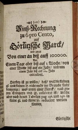 Zinß-Rechnung ... auf Görlitzsche Marck/