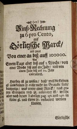 Zinß-Rechnung ... auf Görlitzsche Marck/