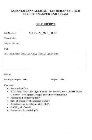 GEL CHURCH CHOTANAGPUR & ASSAM, VOUCHERS