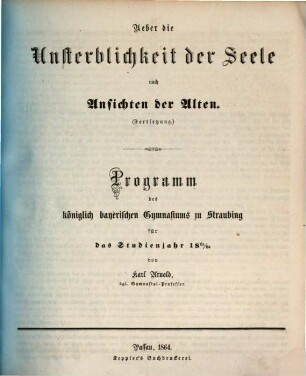 Ueber die Unsterblichkeit der Seele nach Ansichten der Alten