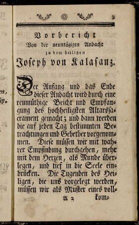 Vorbericht Von der neuntägigen Andacht zu dem heiligen Joseph von Kalasanz.