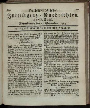 XXXIX. Stück. Sonnabends: den 27. September, 1783.