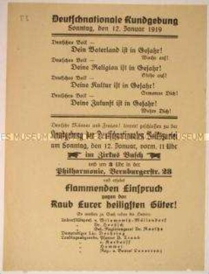 Einladung zur Deutschnationalen Kundgebung mit Reden im Zirkus Busch und der Philharmonie