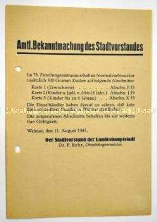 Amtliche Bekanntmachung des Stadtvorstandes von Weimar zur Zuteilung von Zucker