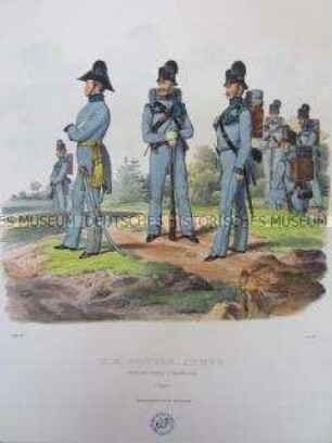 Uniformdarstellung, Offizier und Mannschaft des Jäger-Bataillons, Österreich, 1840. Tafel aus: Trentsensky: K.K. Oesterreichische Armée nach der neuen Adjustirung.