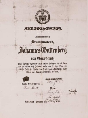 Kautschbrief für den Buchdruckergesellen Theodor Schmidt aus Dresden : Kautschbrief für einen Buchdruckergesellen, 1860