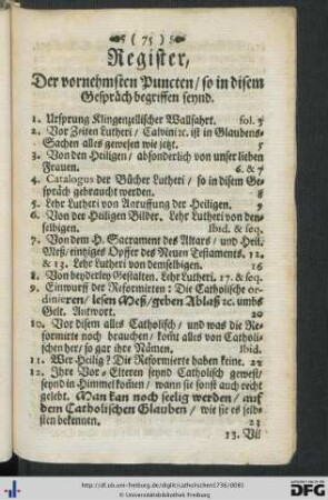 Register, Der vornehmsten Puncten, so in disem Gespräch begriffen seynd.