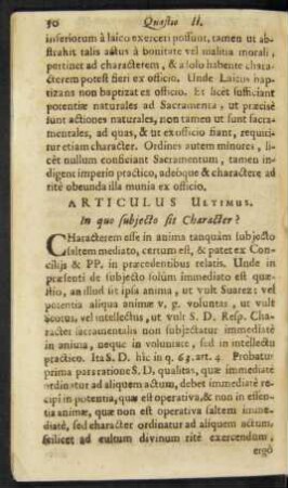 Articulus Ultimus. In quo subiecto sit Character?