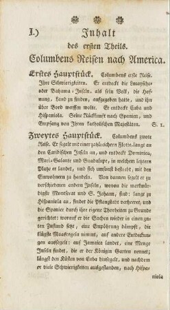 Inhalt des ersten Theils. Columbens Reisen nach America