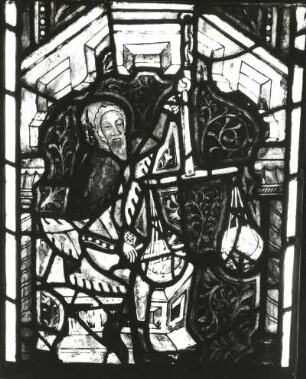 Kaufmann mit Waage. Glasmalerei, um 1370/1380. Stendal, Jakobikirche S IV (2 b). Ausstellung "Mittelalterliche Glasmalerei in der DDR", Erfurt 1989/1990. Kat. Nr. 31