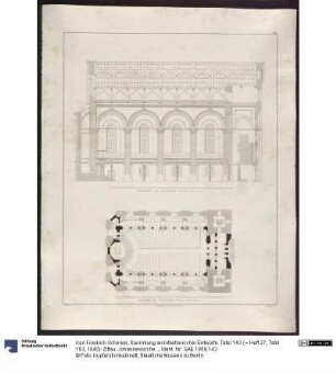 Sammlung architektonischer Entwürfe. Tafel 143 ( = Heft 27, Tafel 163, 1840): Zittau. Johanneskirche. Längschnitt und Grundriss