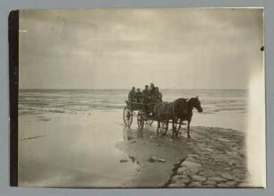 An den Dünen hinter Cuxhaven : Überfahrt nach der Insel Neuwerk durch die Nordsee zur Zeit der Ebbe mit einem zweispännigen Pferdefuhrwerk