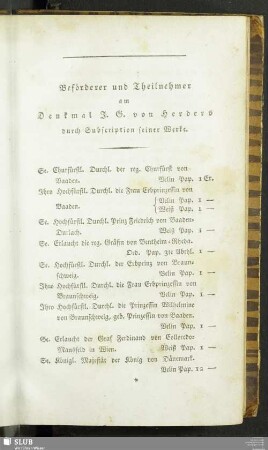 Beförderer und Theilnehmer am Denkmal J. G. von Herders durch Subscription seiner Werke