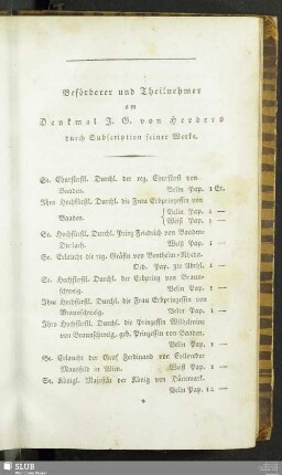 Beförderer und Theilnehmer am Denkmal J. G. von Herders durch Subscription seiner Werke