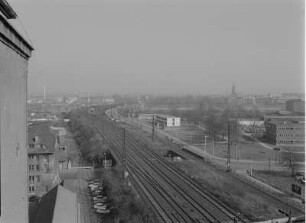 Dresden-Friedrichstadt. Blick vom Kühlhaus nach Nordosten über die Gleisanlagen der Eisenbahn